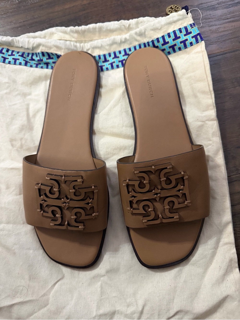 Tory Burch Tan Leather Logo Slide Sandals